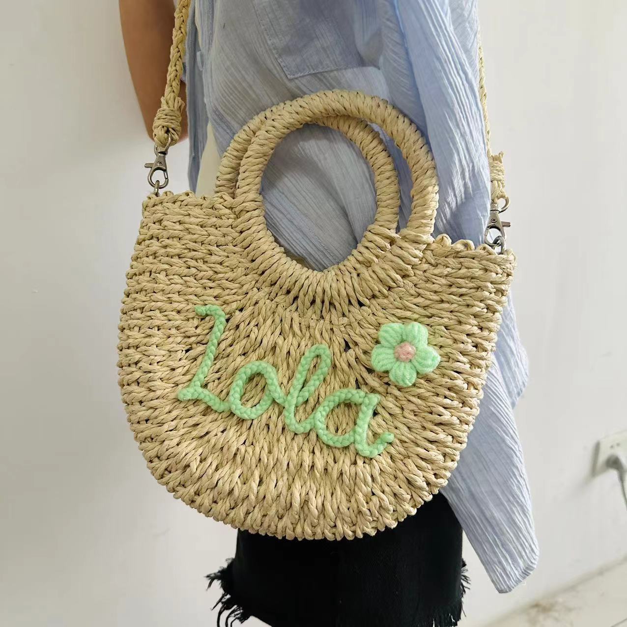 DIY Letter Name Seaside Vacation Style Grass Woven Handbag with "Lola" Design and Flower Embellishment.