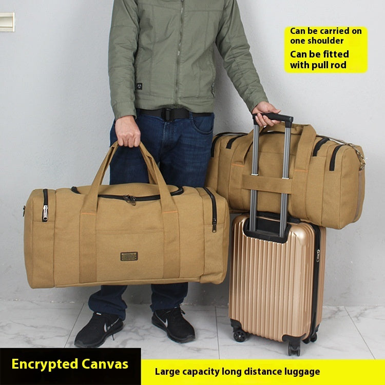 Encrypted Canvas Minimalism large capacity handbag for business travel, shown in khaki color with pull rod fitting and shoulder carry option.