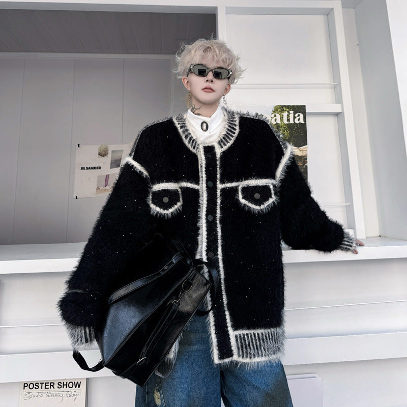 Design Jacquard Contrast Color Sweater Coat Ruan Handsome Lazy Cardigan