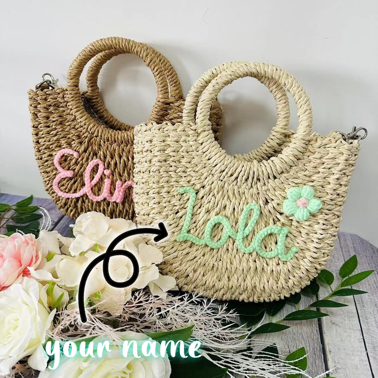 DIY letter name seaside vacation style grass woven handbag with customizable text, showcasing a stylish straw tote design.