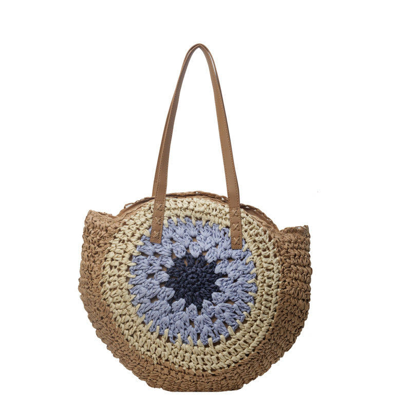 Color Crochet Round One Shoulder Straw Bag with blue and brown design.