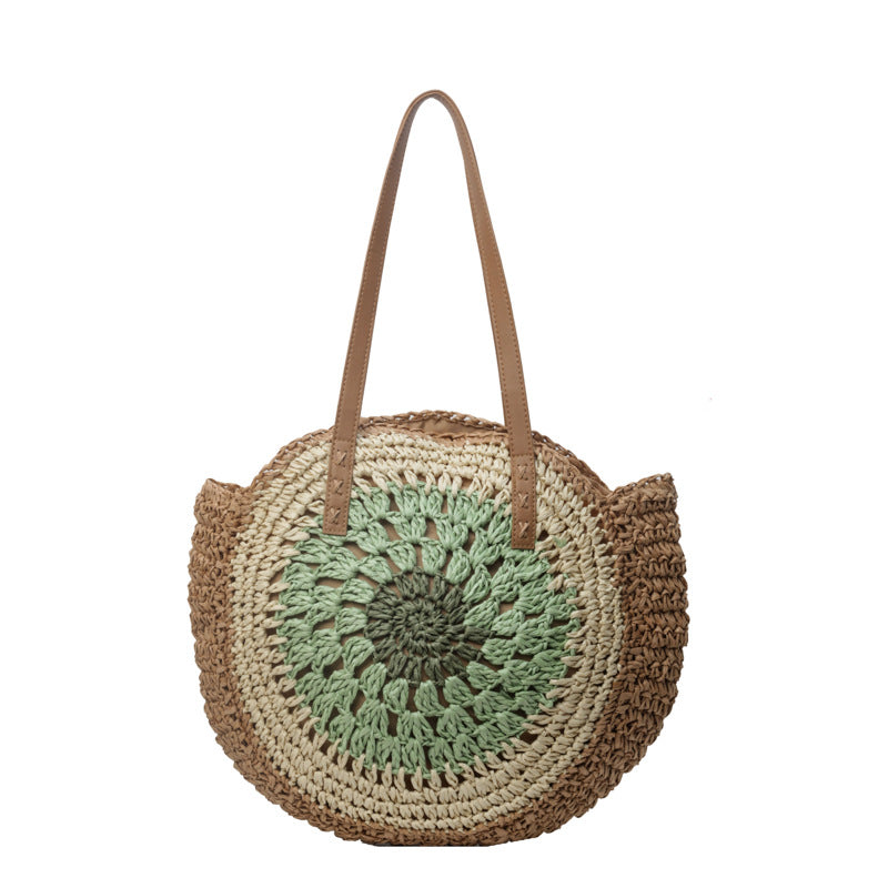 Color crochet round one shoulder straw bag with urban simplicity style, no lining, featuring weaving elements, medium-soft hardness, in shades of black, brown, green, and blue.