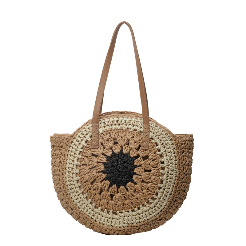 Color crochet round one shoulder straw bag with urban simplicity style.