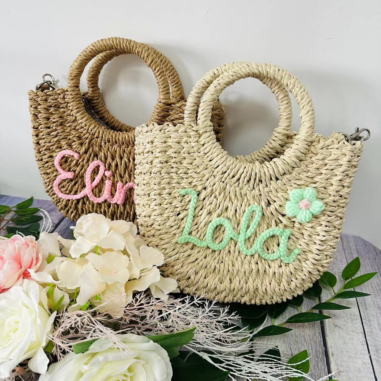 DIY letter name seaside vacation style grass woven handbags with personalized names "Elina" and "Lola"; straw tote crossbody bags in beige and khaki.