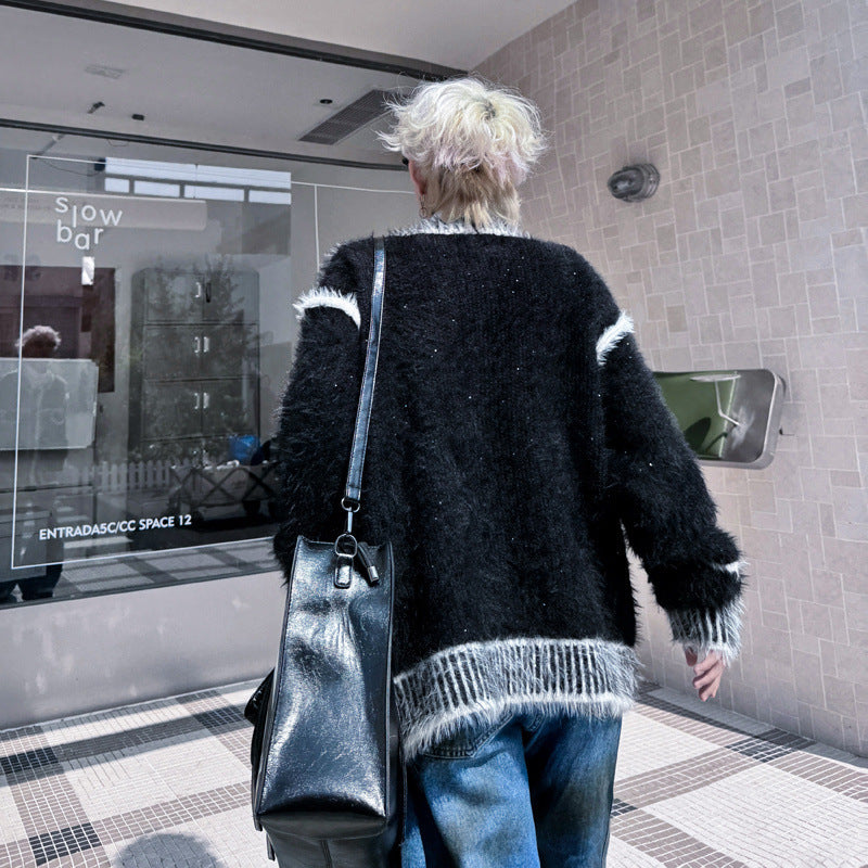 Design Jacquard Contrast Color Sweater Coat Ruan Handsome Lazy Cardigan