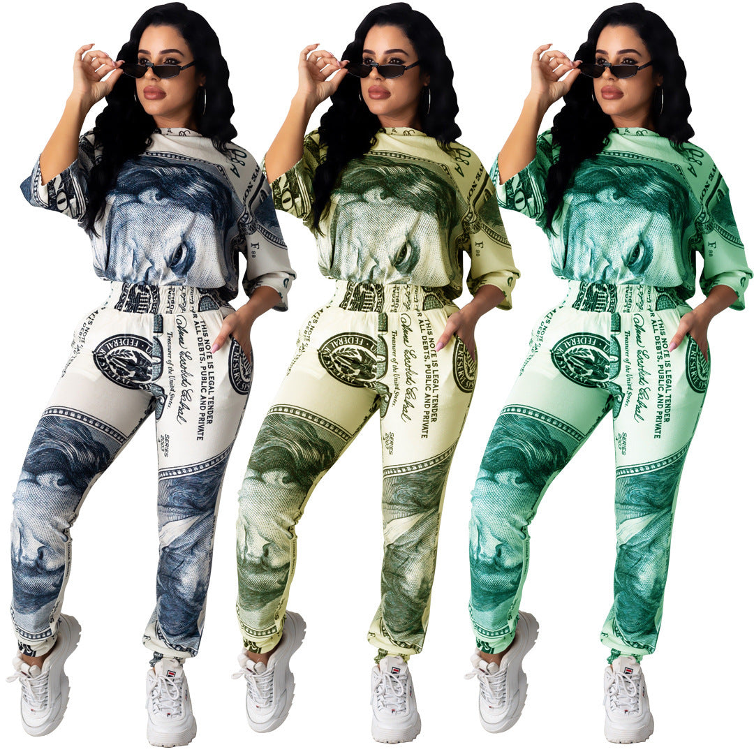 Women's fashion dollar print sports two-piece set in yellow, gray, and green, featuring straight-leg trousers and milk silk fabric.