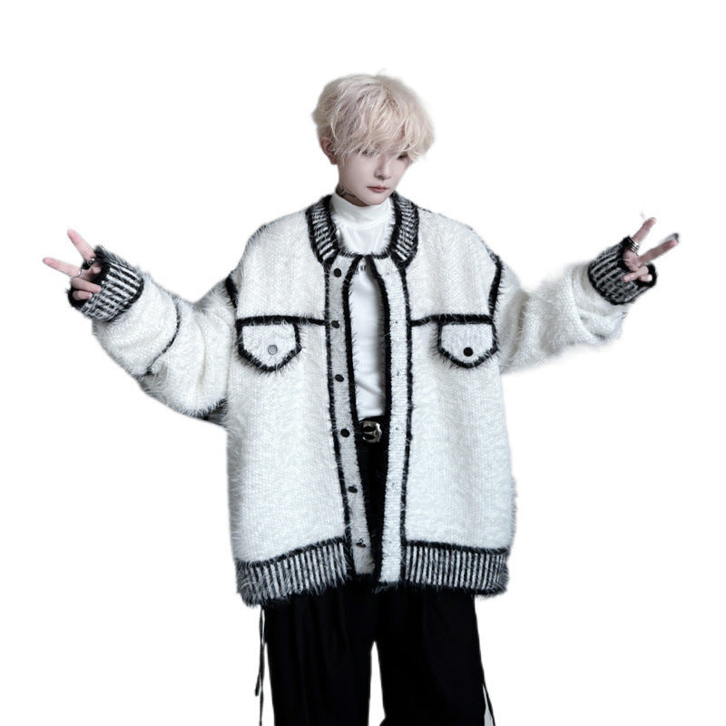 Design Jacquard Contrast Color Sweater Coat Ruan Handsome Lazy Cardigan