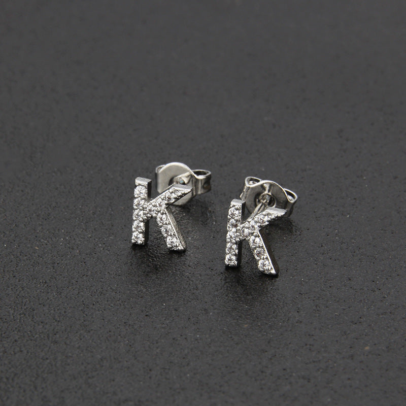 Diamond English Alphabet Letter Earrings Women's Simple Cooperized Silver Earrings