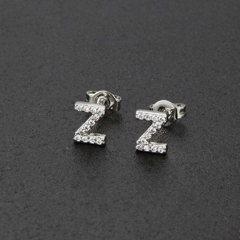 Diamond English Alphabet Letter Earrings Women's Simple Cooperized Silver Earrings