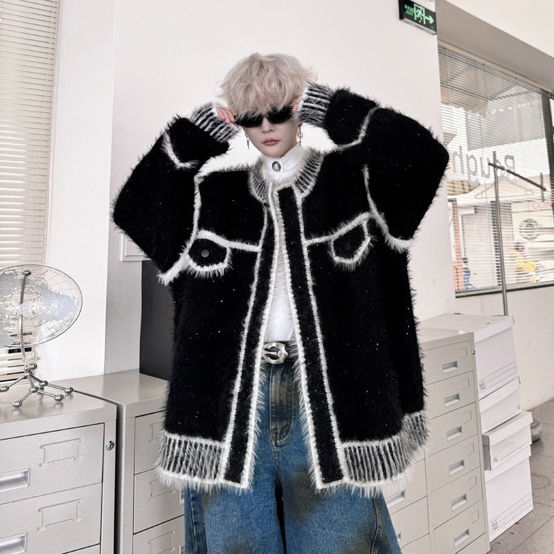 Design Jacquard Contrast Color Sweater Coat Ruan Handsome Lazy Cardigan