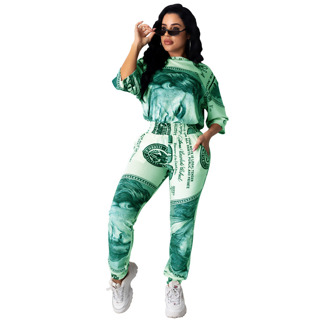 Women's fashion dollar print sports two-piece set in green milk silk fabric.