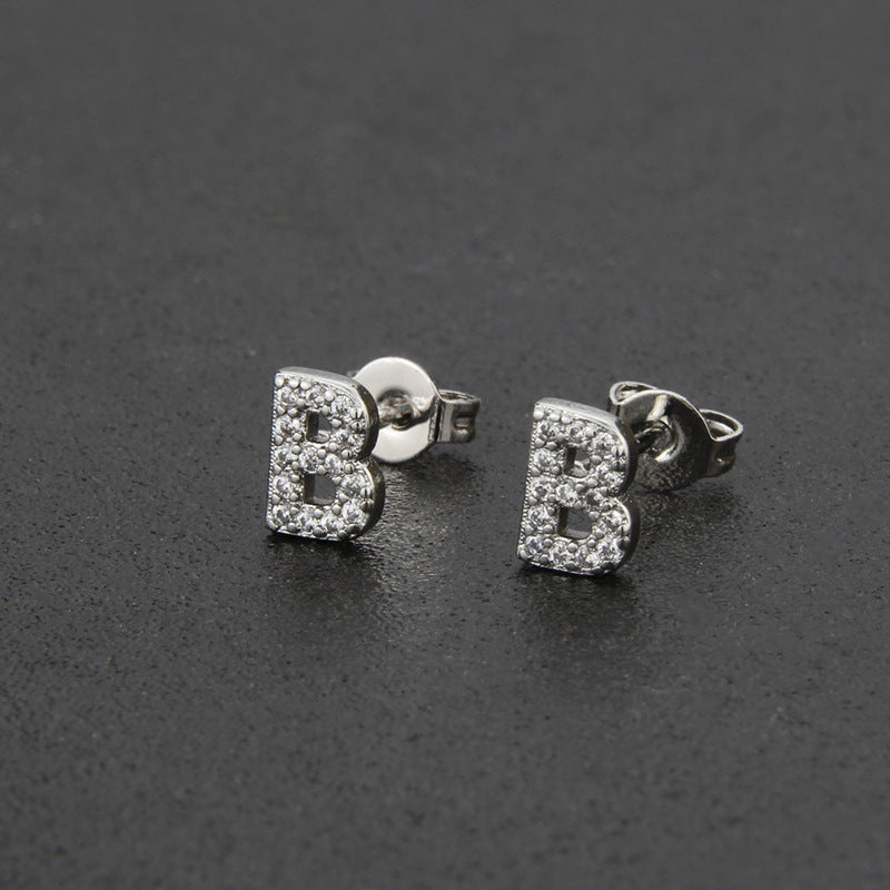Diamond English Alphabet Letter Earrings Women's Simple Cooperized Silver Earrings