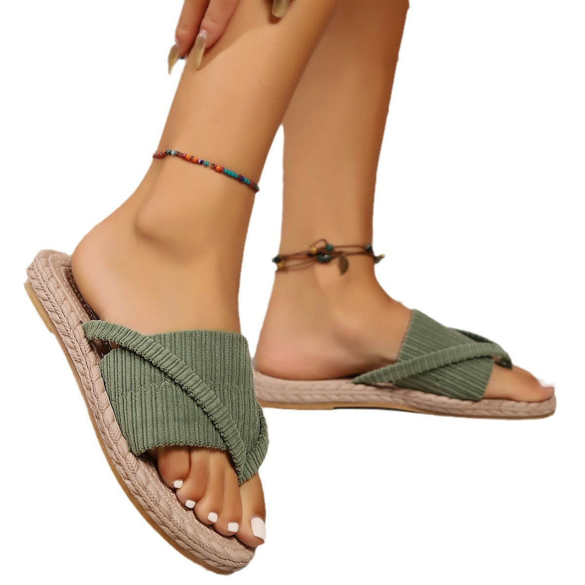 Faux Straw Soft Bottom Outdoor Women's Sandals in green, showing breathable, lightweight design with EVA sole and artificial PU upper.