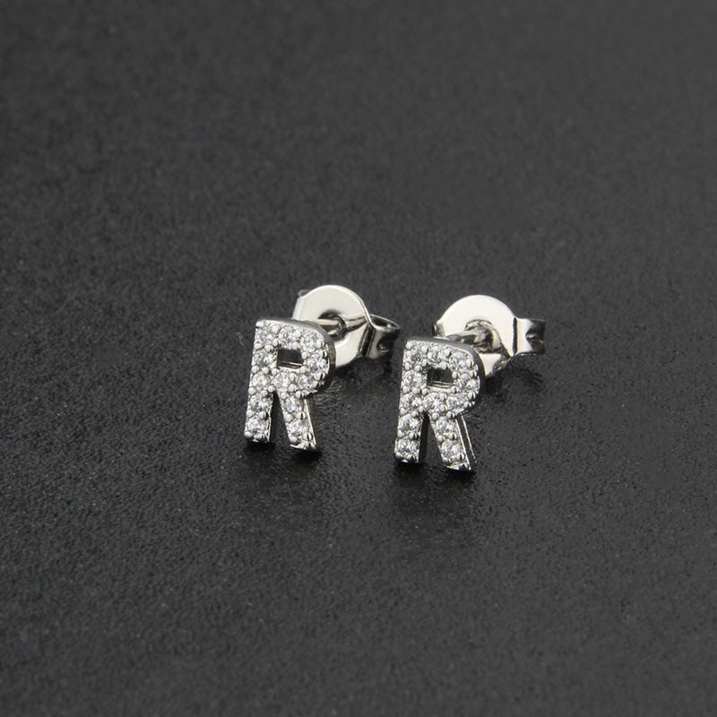 Diamond English Alphabet Letter Earrings Women's Simple Cooperized Silver Earrings