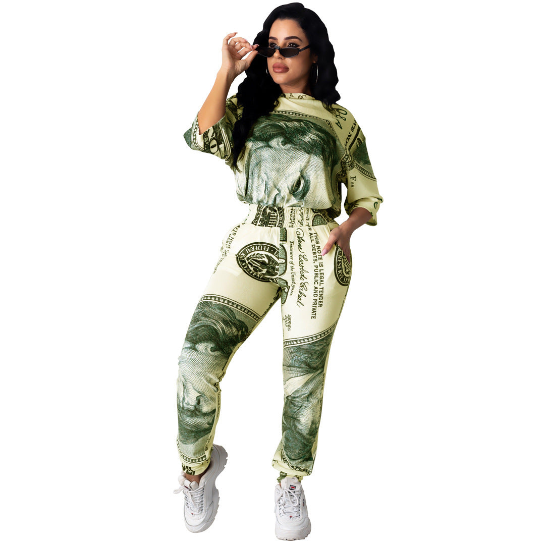 Women's Fashion Dollar Print Sports Two-piece Set in polyester milk silk fabric with straight-leg trousers.