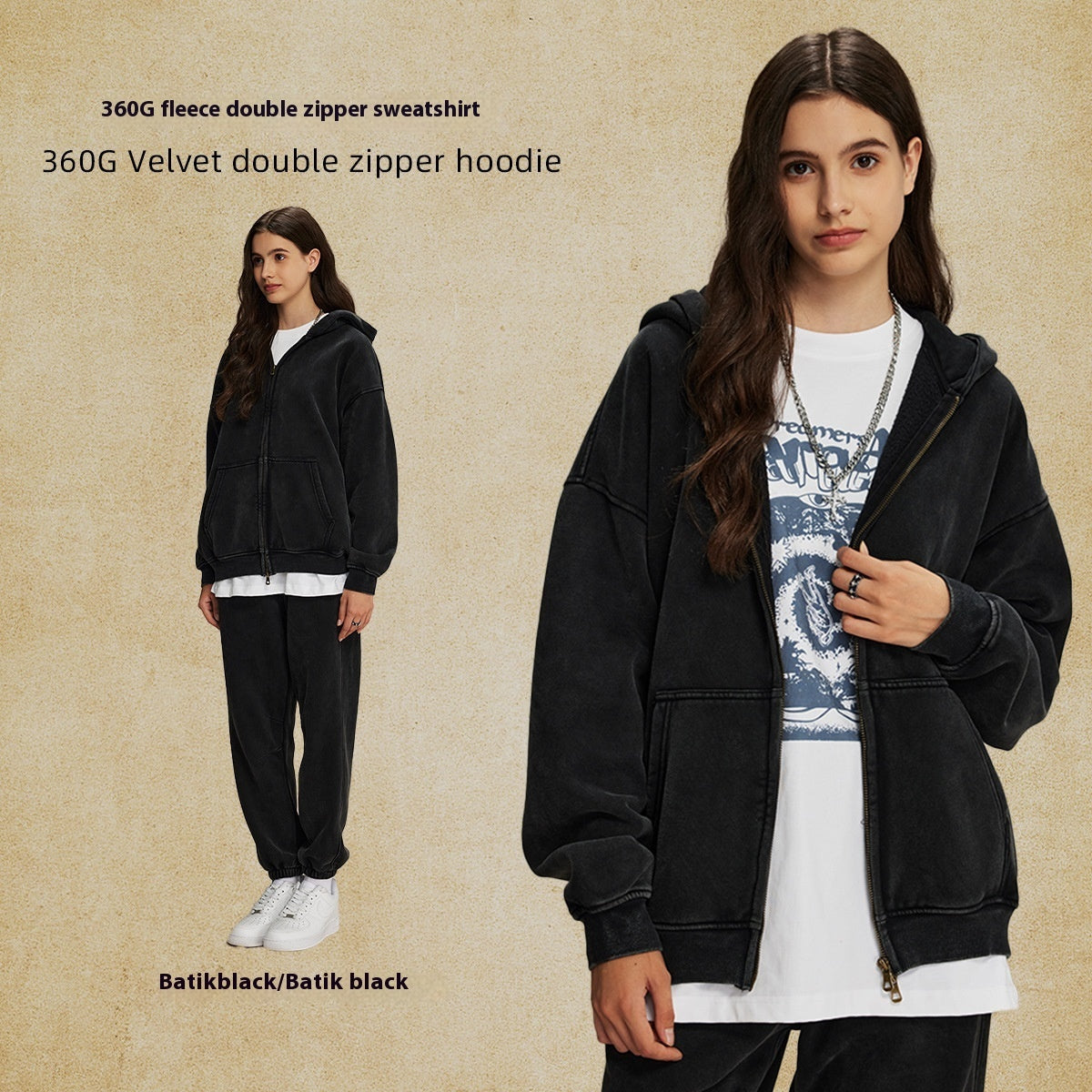 Men's Loose Waxed Vintage Worn Looking Washed-out Hoodie