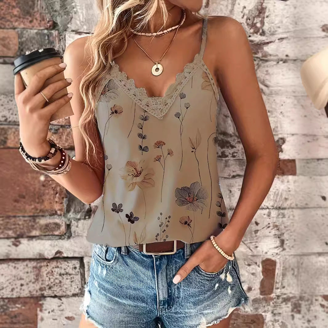 European And American Style Lace Printed Lace V-neck Pullover Strap