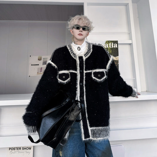 Design Jacquard Contrast Color Sweater Coat Ruan Handsome Lazy Cardigan