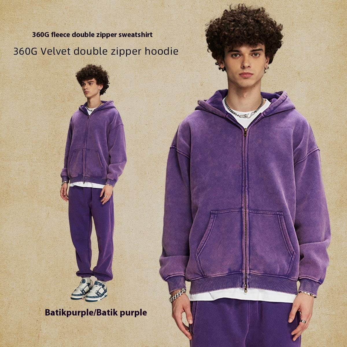 Men's Loose Waxed Vintage Worn Looking Washed-out Hoodie