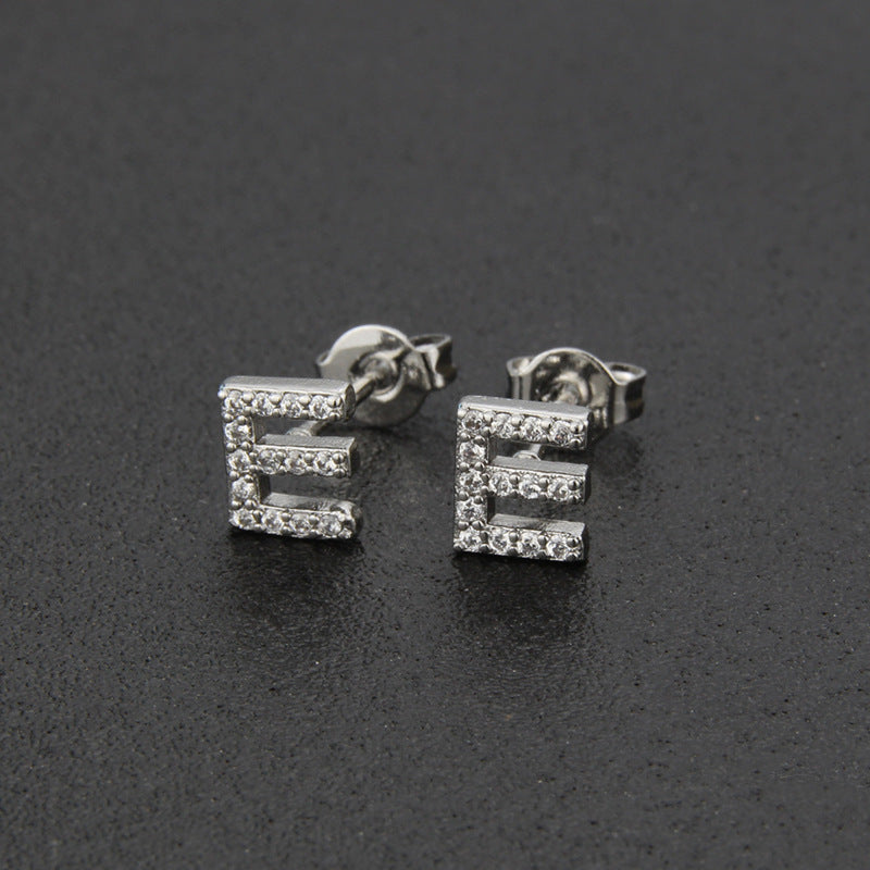 Diamond English Alphabet Letter Earrings Women's Simple Cooperized Silver Earrings