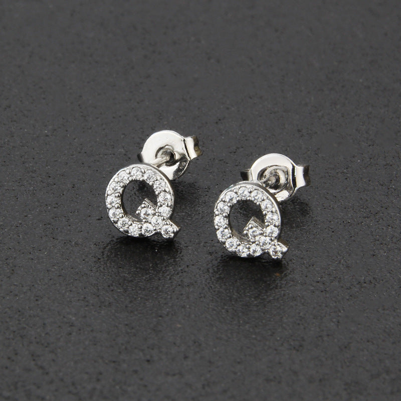 Diamond English Alphabet Letter Earrings Women's Simple Cooperized Silver Earrings