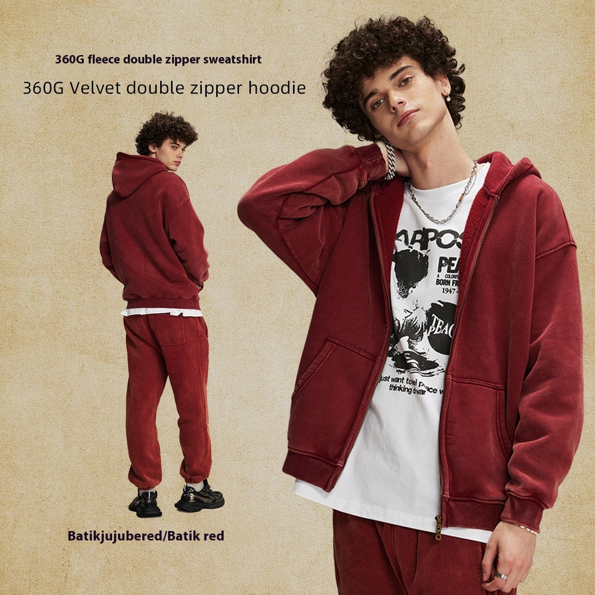 Men's Loose Waxed Vintage Worn Looking Washed-out Hoodie