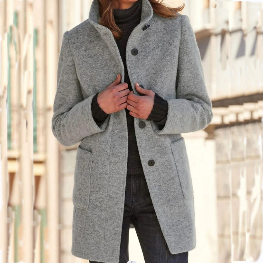 Women's Casual Woolen Trench Coat Winter Retro Single Button Jacket