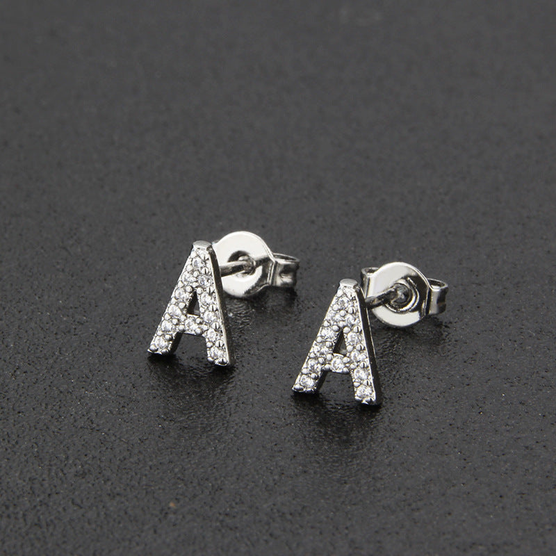 Diamond English Alphabet Letter Earrings Women's Simple Cooperized Silver Earrings