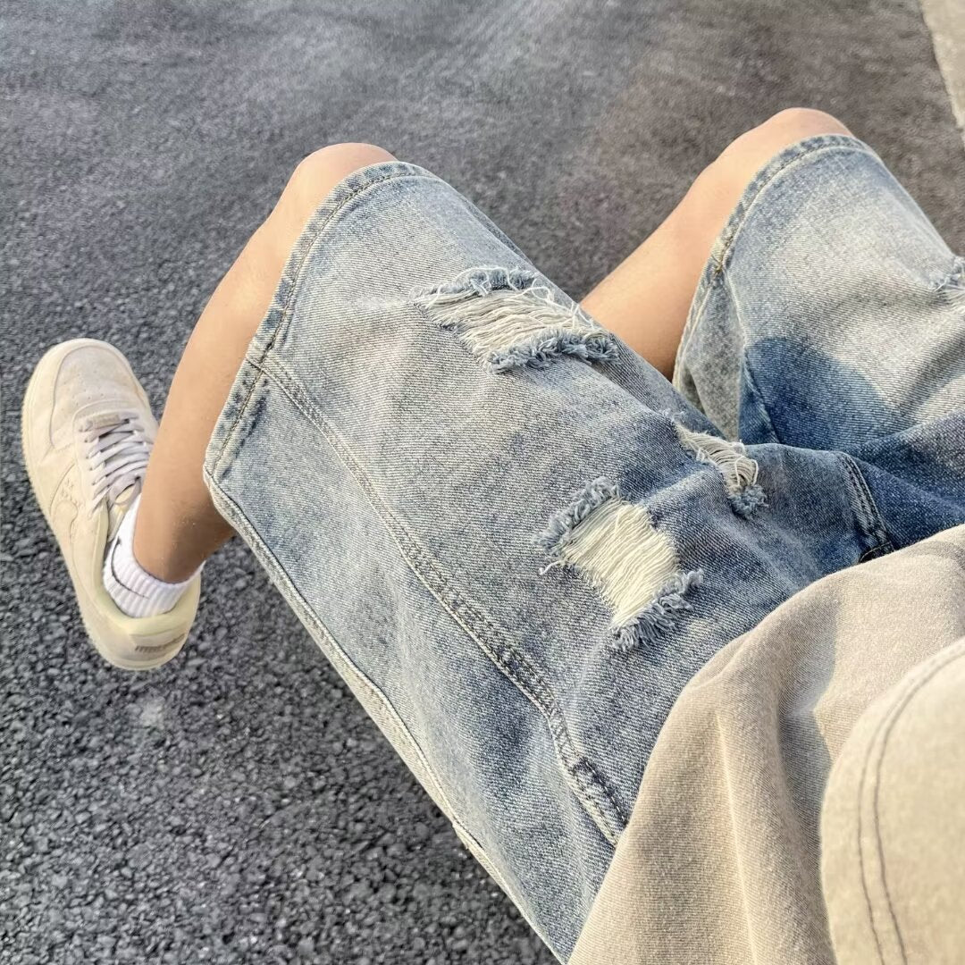 American-style Retro Tattered Jeans Men's Shorts Denim