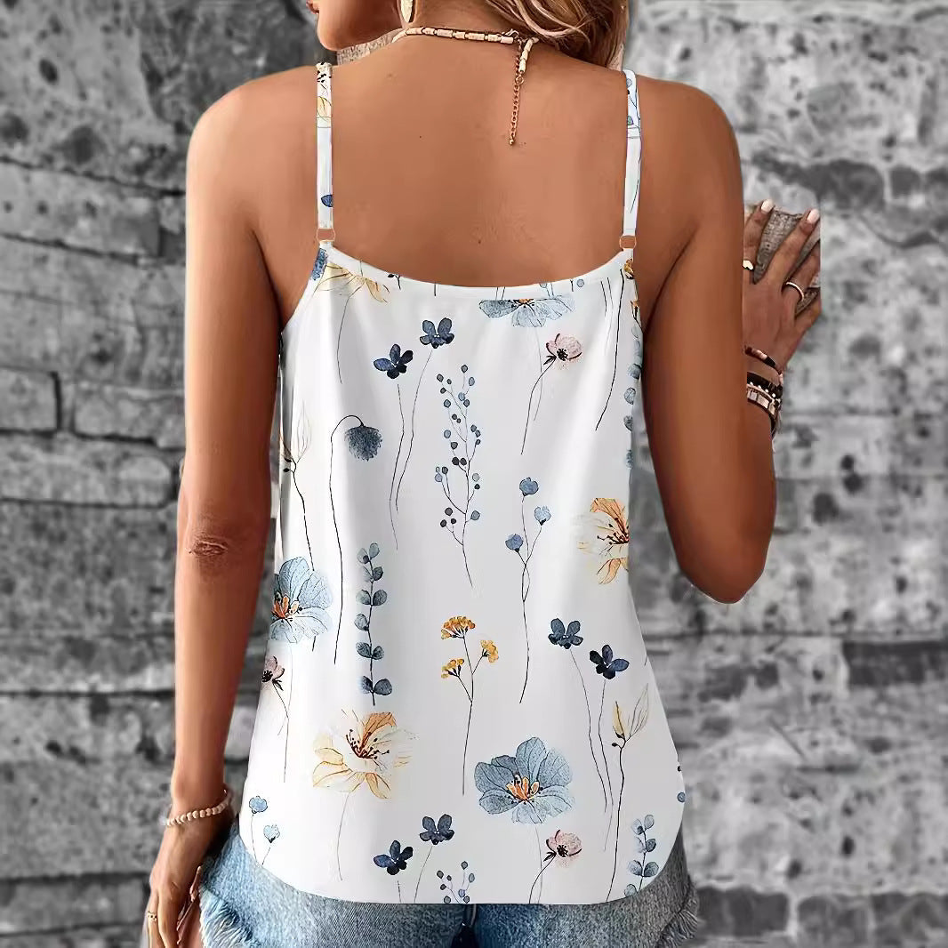 European And American Style Lace Printed Lace V-neck Pullover Strap