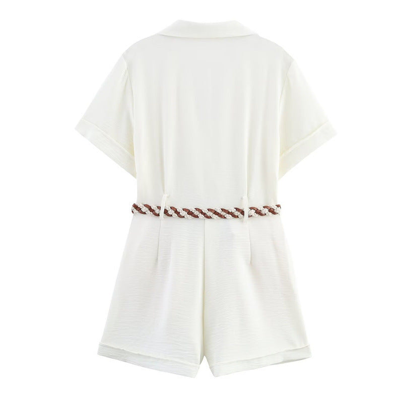 European And American Style Fashion Woven Belt Short-sleeved Jumpsuit