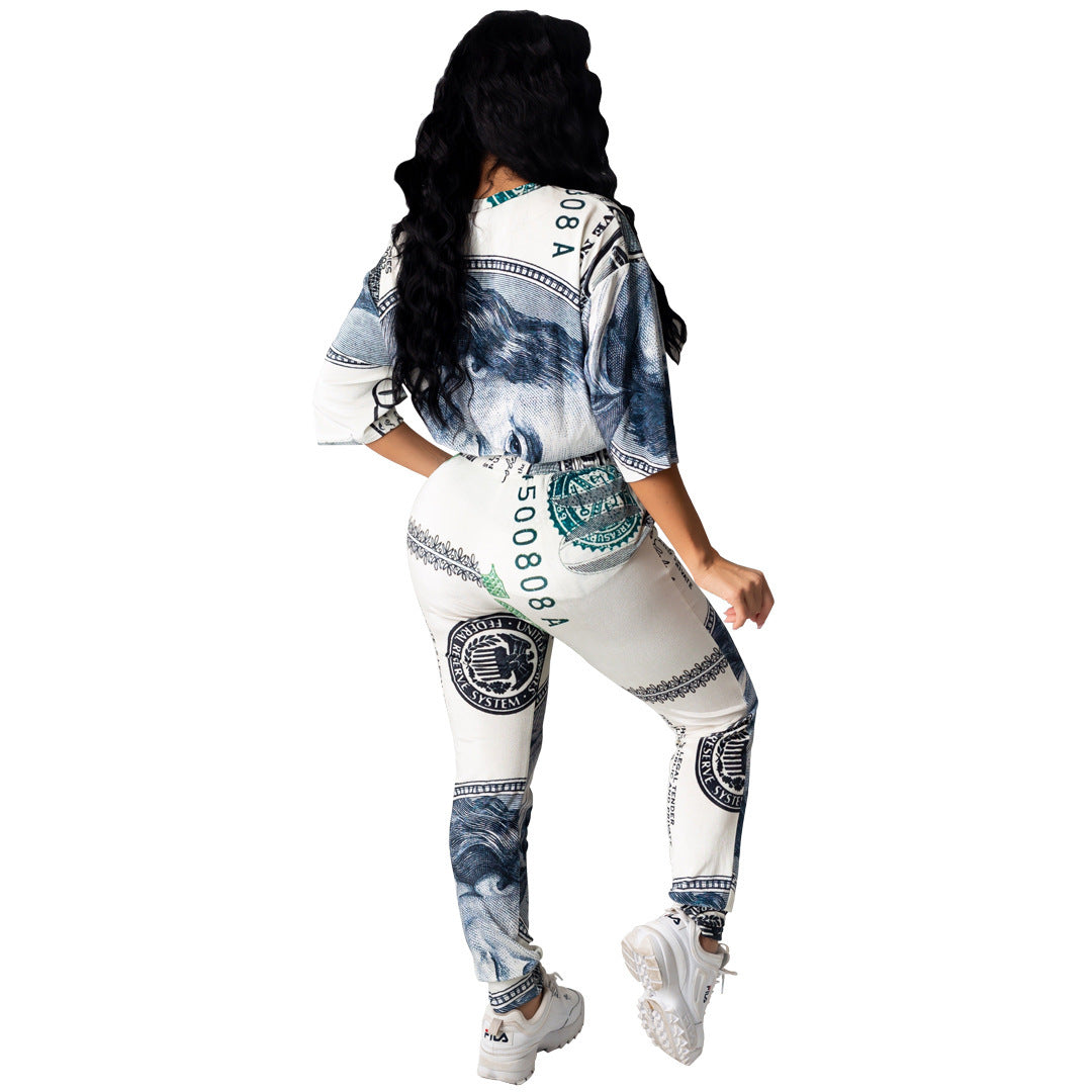 Women's fashion dollar print sports two-piece set, polyester fabric, straight-leg pants, back view.