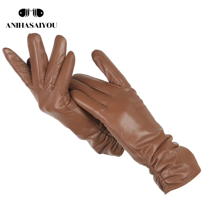 Classic pleated leather gloves women color real leather gloves women