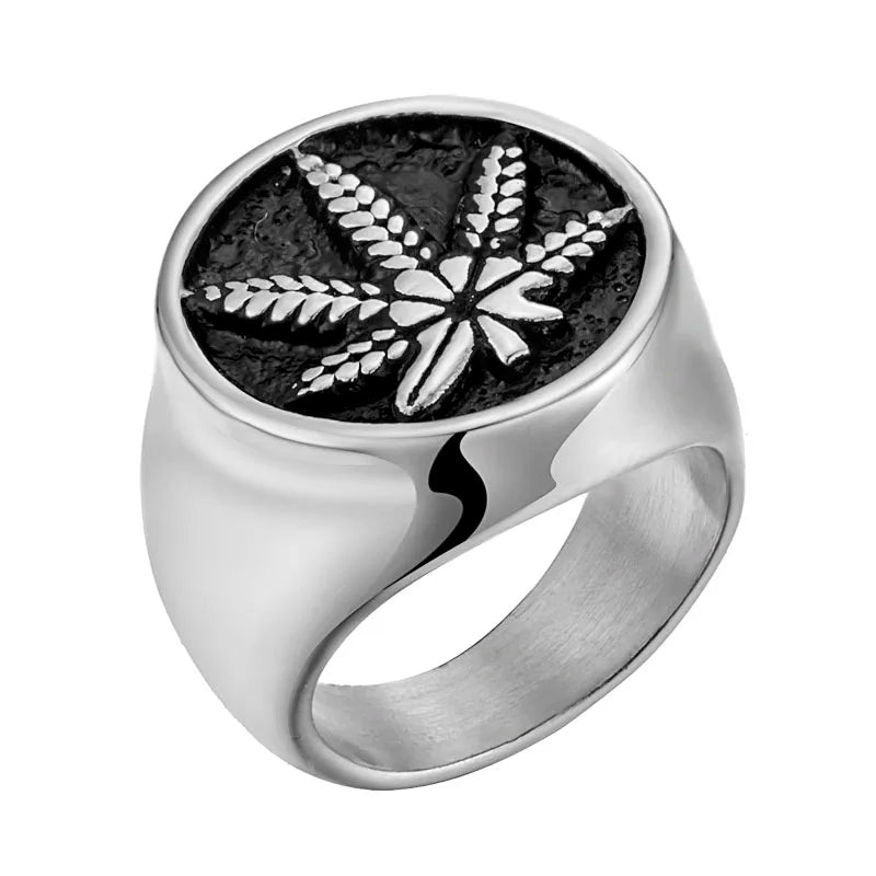 Stainless steel weed hemp cannabis signet ring with maple leaf design for men.