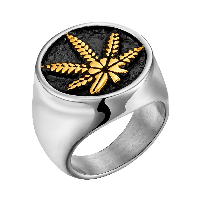 Stainless steel weed hemp signet ring with gold maple leaf design for men.