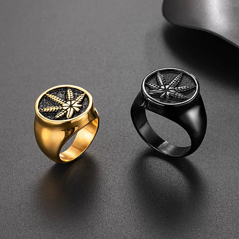 Stainless steel weed hemp cannabis signet rings with a maple leaf design, gold and black options, for men.