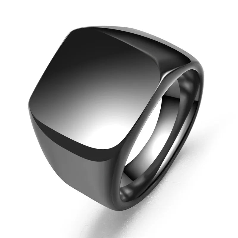 Stainless steel men's signet ring for personalized engraving, ideal for family photos and engagements.