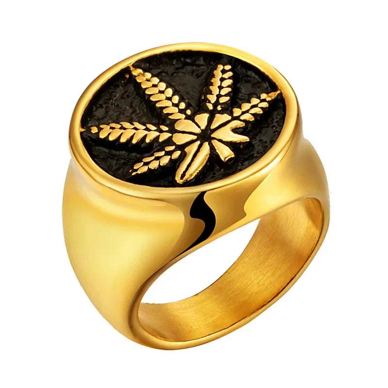 Stainless steel weed hemp signet ring with gold maple leaf design for men.