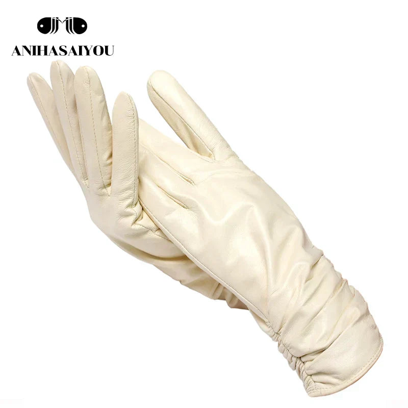 Classic pleated leather gloves women color real leather gloves women