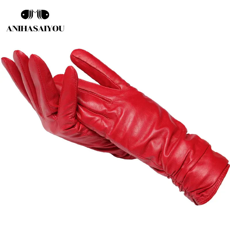 Classic pleated leather gloves women color real leather gloves women