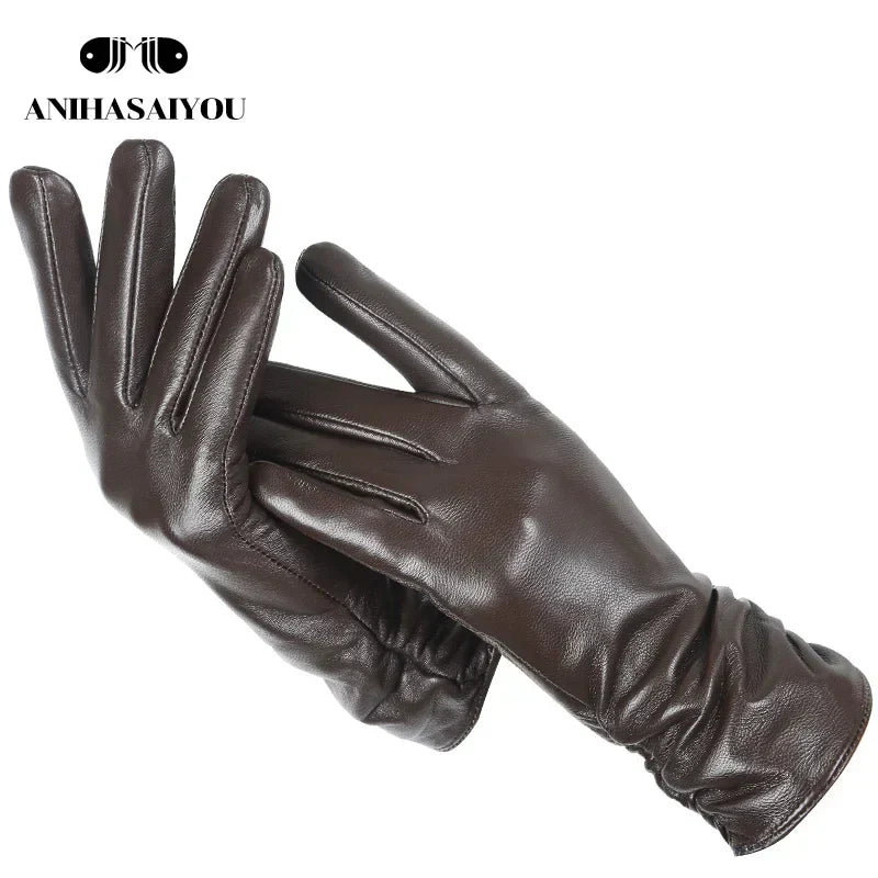 Classic pleated leather gloves women color real leather gloves women