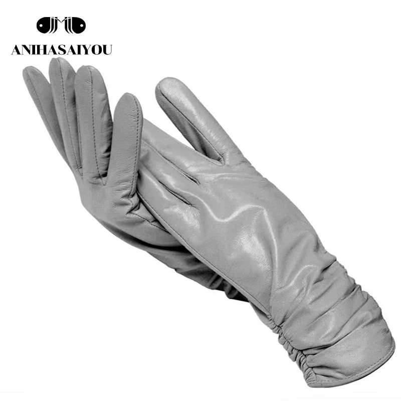 Classic pleated leather gloves women color real leather gloves women