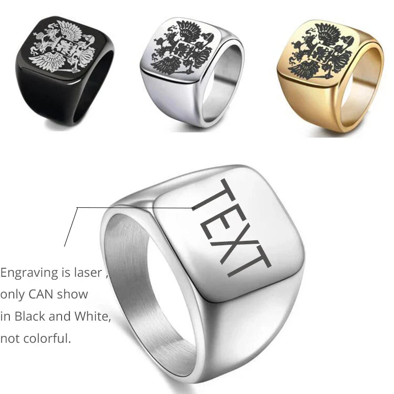 Personalized stainless steel men's signet rings with custom engraving options, including name and photo.