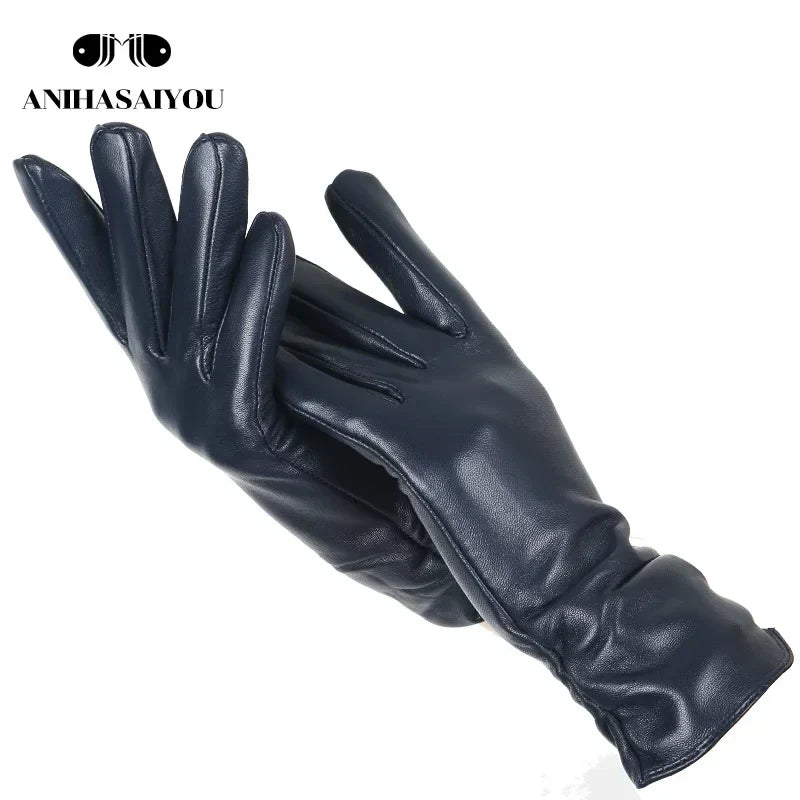 Classic pleated leather gloves women color real leather gloves women