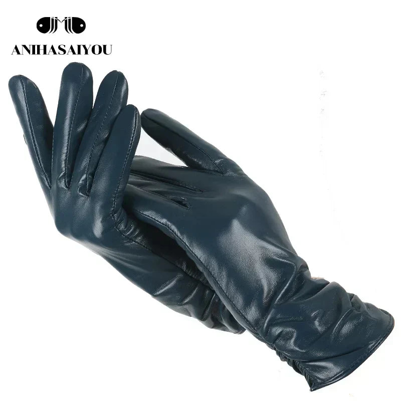 Classic pleated leather gloves women color real leather gloves women