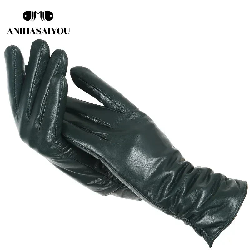 Classic pleated leather gloves women color real leather gloves women