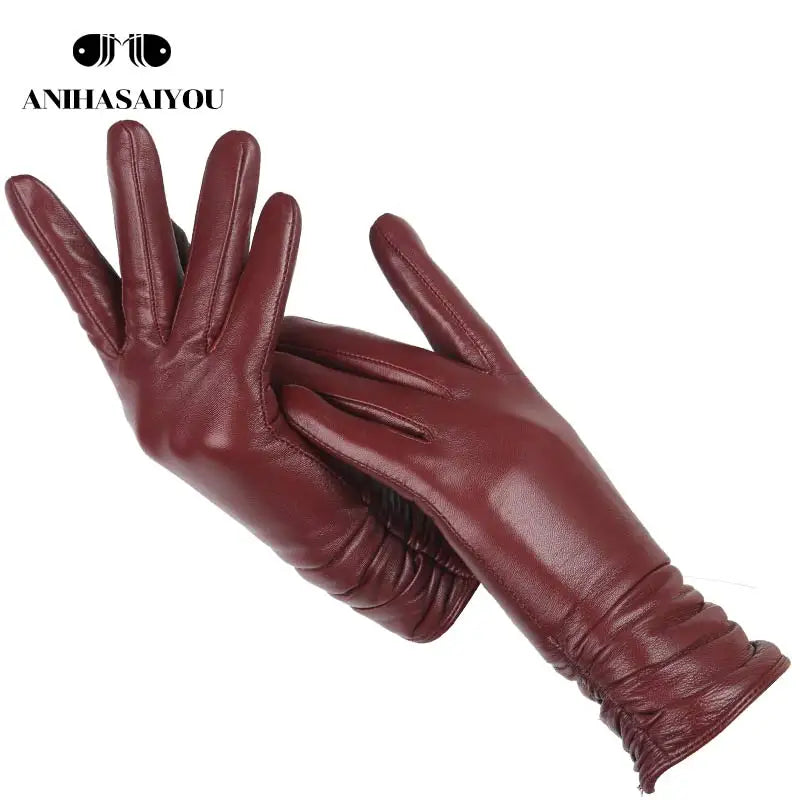 Classic pleated leather gloves women color real leather gloves women