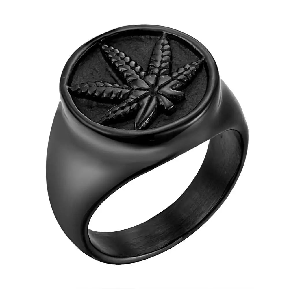 Stainless steel signet ring with weed hemp cannabis design for men, biker style.