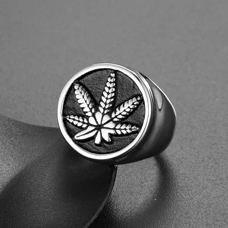 Stainless steel weed hemp signet ring with maple leaf design for men.