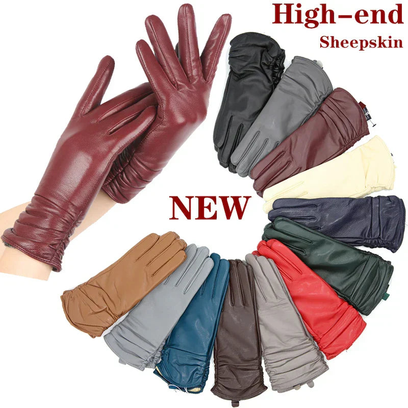 Classic pleated leather gloves women color real leather gloves women